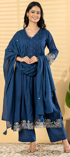 Blue color Salwar Kameez in Cotton fabric with Bugle Beads, Embroidered, Pleats, Thread work
