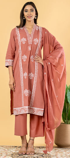 Red and Maroon color Salwar Kameez in Mul Cotton fabric with Embroidered, Resham, Thread work