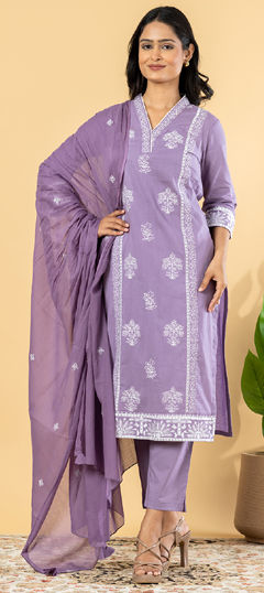 Purple and Violet color Salwar Kameez in Mul Cotton fabric with Embroidered, Resham, Thread work