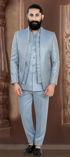 Blue color Jodhpuri Suit in Rayon fabric with Thread work