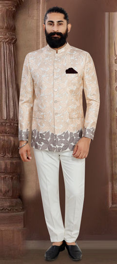 Beige and Brown color Jodhpuri Suit in Jacquard fabric with Thread work