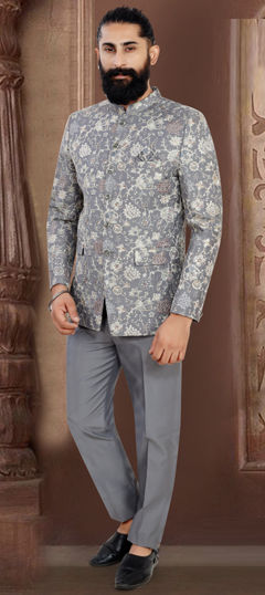 Black and Grey color Jodhpuri Suit in Jacquard fabric with Thread work