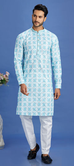Blue color Kurta Pyjamas in Cotton fabric with Digital Print, Embroidered, Sequence work