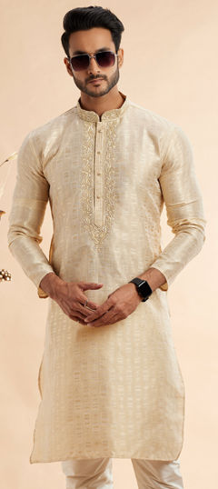 Beige and Brown color Kurta in Art Silk, Jacquard fabric with Embroidered work