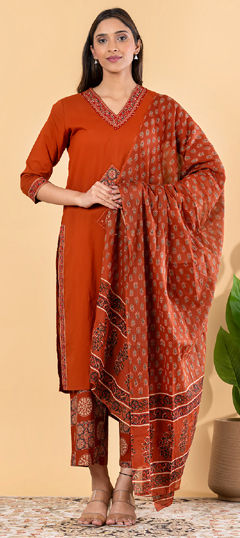 Beige and Brown color Salwar Kameez in Cotton fabric with Appliques, Bugle Beads, Cut Dana, Printed, Sequence work