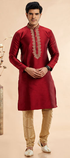 Red and Maroon color Kurta Pyjamas in Jacquard fabric with Embroidered work