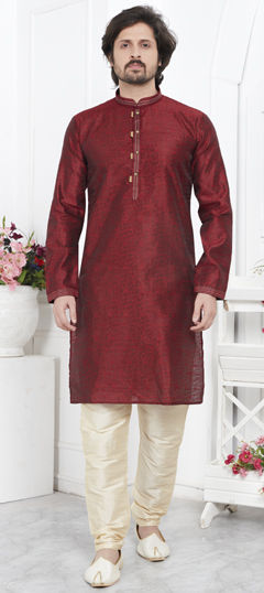 Red and Maroon color Kurta Pyjamas in Jacquard fabric with Weaving work