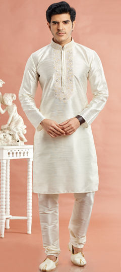 White and Off White color Kurta Pyjamas in Banarasi Silk fabric with Embroidered, Mirror work