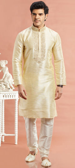 Beige and Brown color Kurta Pyjamas in Banarasi Silk fabric with Embroidered, Mirror work