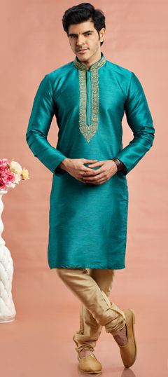 Blue color Kurta Pyjamas in Banarasi Silk fabric with Embroidered work
