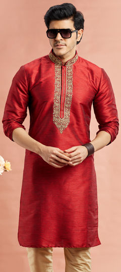 Red and Maroon color Kurta in Banarasi Silk fabric with Embroidered work
