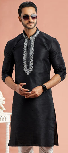 Black and Grey color Kurta in Banarasi Silk fabric with Embroidered work