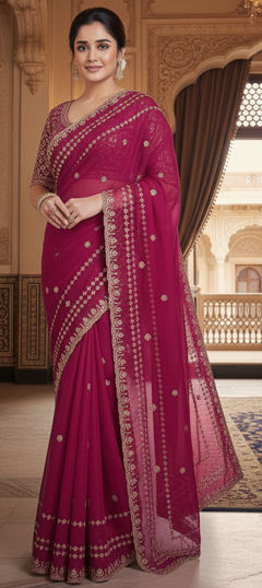 Pink and Majenta color Readymade Saree in Silk fabric with Embroidered, Sequence, Zari work