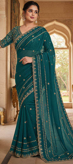 Blue color Readymade Saree in Silk fabric with Embroidered, Sequence, Zari work