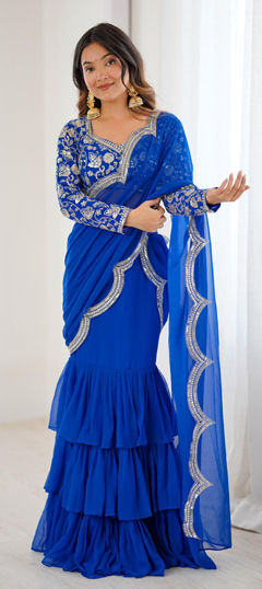 Blue color Readymade Saree in Faux Georgette fabric with Embroidered, Sequence, Thread work
