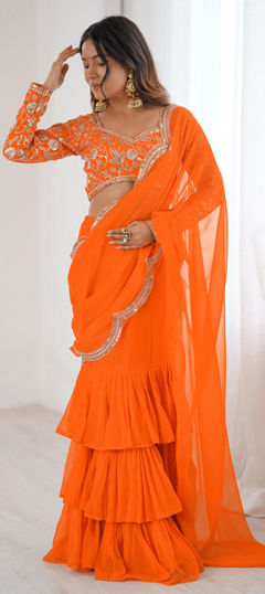 Orange color Readymade Saree in Faux Georgette fabric with Embroidered, Sequence, Thread work