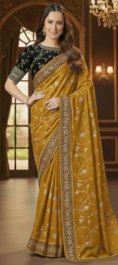 Yellow color Saree in Silk fabric with Embroidered, Sequence, Zari work