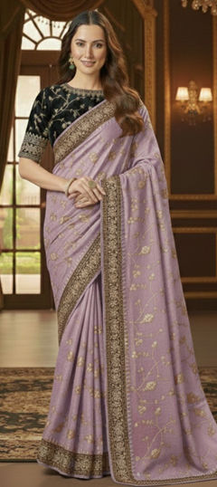 Purple and Violet color Saree in Silk fabric with Embroidered, Sequence, Zari work