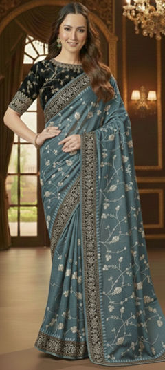 Black and Grey color Saree in Silk fabric with Embroidered, Sequence, Zari work