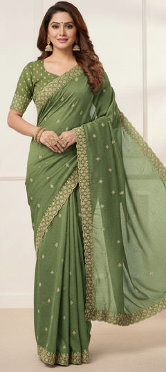 Green color Saree in Georgette fabric with Embroidered, Sequence, Thread work