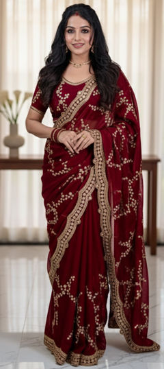 Red and Maroon color Saree in Silk fabric with Embroidered, Sequence work