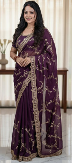 Purple and Violet color Saree in Silk fabric with Embroidered, Sequence work
