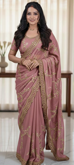 Pink and Majenta color Saree in Silk fabric with Embroidered, Sequence work