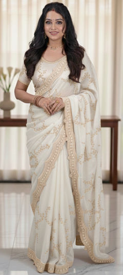 White and Off White color Saree in Silk fabric with Embroidered, Sequence work