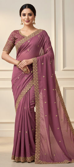 Pink and Majenta color Saree in Georgette fabric with Embroidered, Sequence, Thread work
