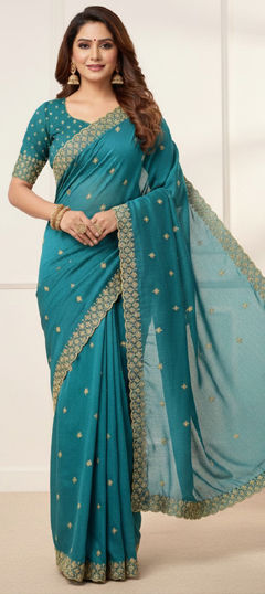 Blue color Saree in Georgette fabric with Embroidered, Sequence, Thread work