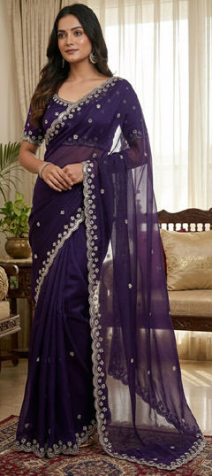 Purple and Violet color Saree in Chinon Silk fabric with Border, Embroidered, Mirror, Sequence work