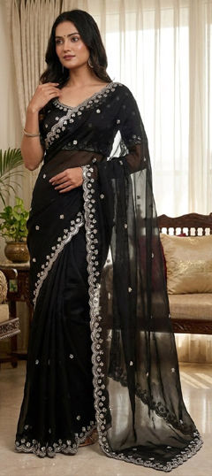 Black and Grey color Saree in Chinon Silk fabric with Border, Embroidered, Mirror, Sequence work