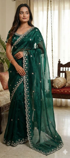 Green color Saree in Chinon Silk fabric with Border, Embroidered, Mirror, Sequence work