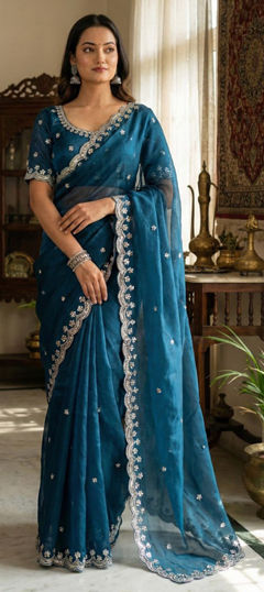 Green color Saree in Chinon Silk fabric with Border, Embroidered, Mirror, Sequence work