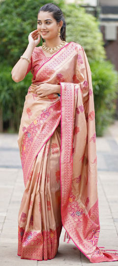 Beige and Brown color Saree in Banarasi Silk fabric with Thread, Zari work