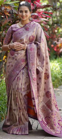 Pink and Majenta color Saree in Tissue fabric with Weaving, Zari work