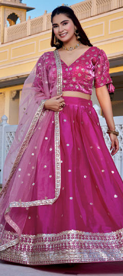 Pink and Majenta color Ready to Wear Lehenga in Chinon Silk fabric with Embroidered, Sequence, Thread, Zari work