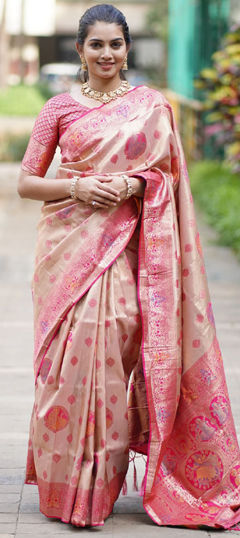 Beige and Brown color Saree in Tissue fabric with Weaving, Zari work