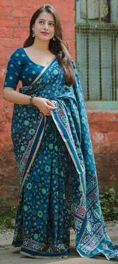 Blue color Saree in Cotton fabric with Printed work