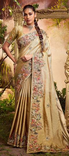 Beige and Brown color Saree in Viscose fabric with Border, Bugle Beads, Embroidered, Resham, Weaving, Zari work