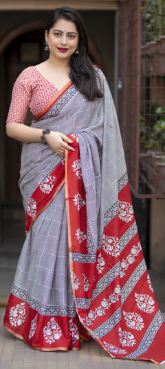 Black and Grey color Saree in Cotton fabric with Printed work