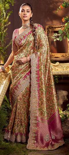 Beige and Brown color Saree in Viscose fabric with Border, Bugle Beads, Embroidered, Resham, Weaving, Zari work