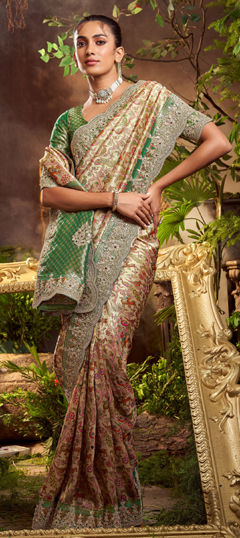 Beige and Brown color Saree in Viscose fabric with Border, Bugle Beads, Embroidered, Resham, Weaving, Zari work