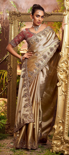 Beige and Brown color Saree in Viscose fabric with Border, Bugle Beads, Embroidered, Resham, Weaving, Zari work
