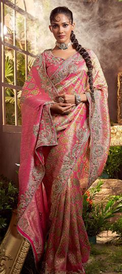 Beige and Brown, Pink and Majenta color Saree in Viscose fabric with Border, Bugle Beads, Embroidered, Resham, Weaving, Zari work