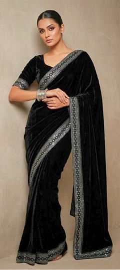 Black and Grey color Saree in Velvet fabric with Embroidered, Sequence work