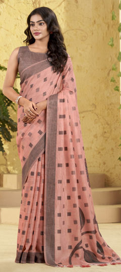 Pink and Majenta color Saree in Linen fabric with Weaving work