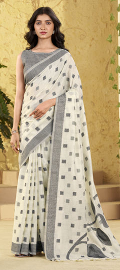 White and Off White color Saree in Linen fabric with Weaving work