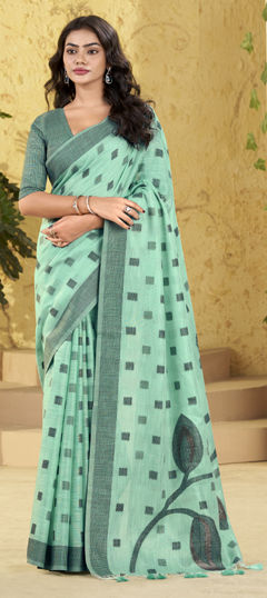 Blue color Saree in Linen fabric with Weaving work