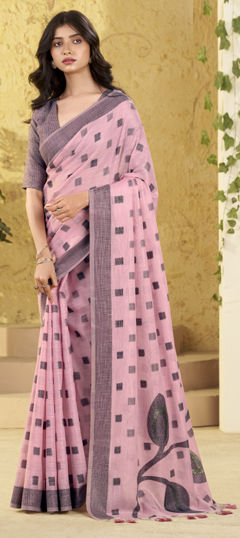 Pink and Majenta color Saree in Linen fabric with Weaving work